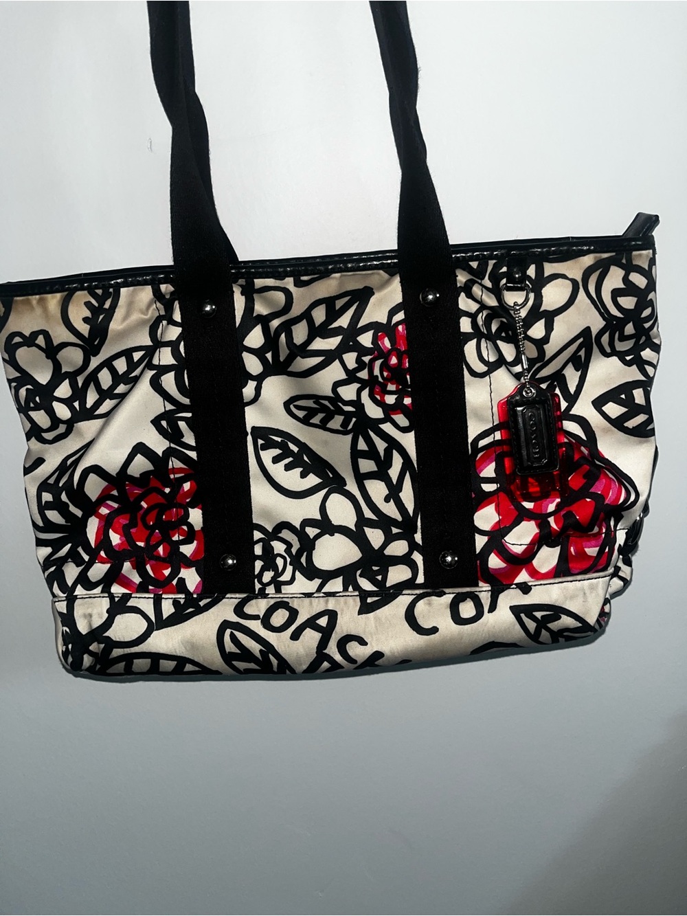 Coach Ivory Canvas Floral Tote with Black Straps and Red Flower Accents